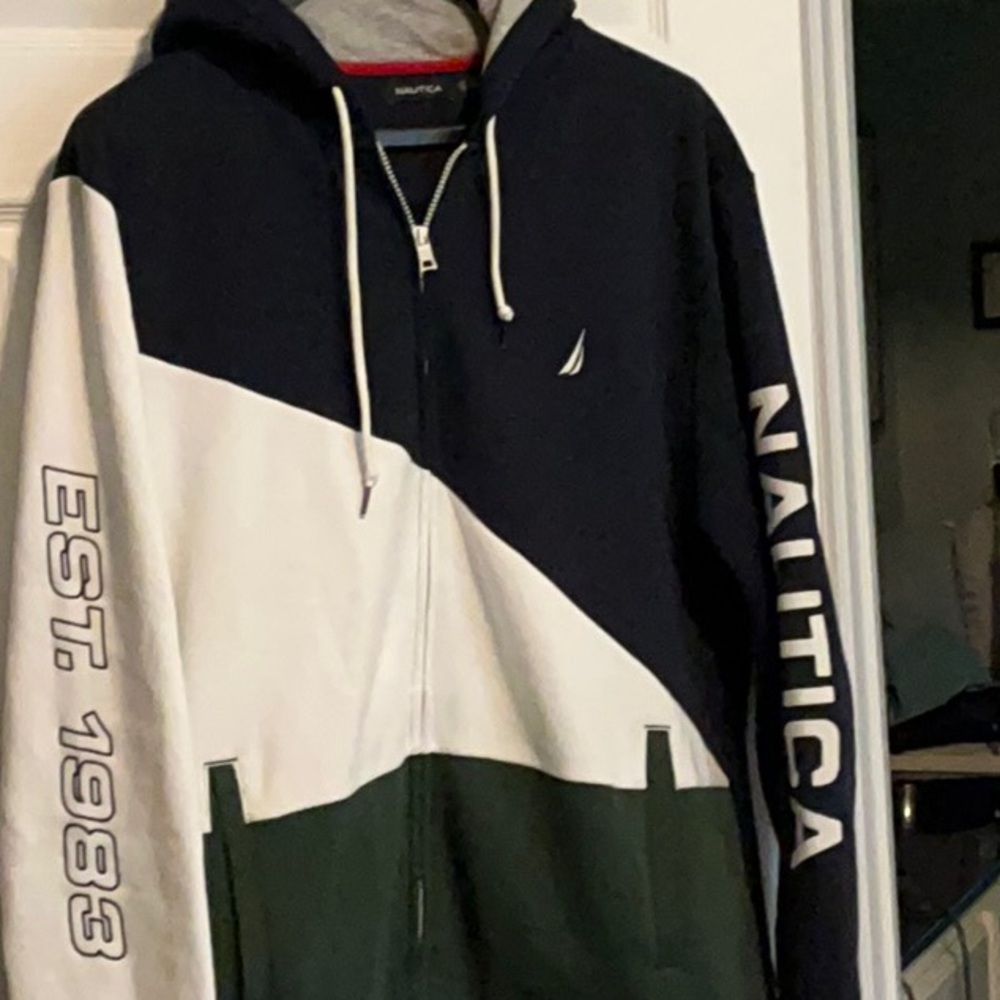 Nautica Navy Blue and White Zip Up Sweater